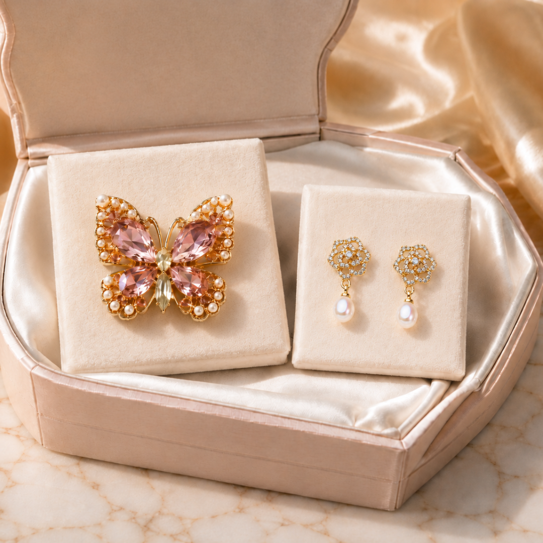 Butterfly & Pearl コーディネートセット｜バタフライボタンカバー＆淡水パールピアス＜ローズ エクラ＞